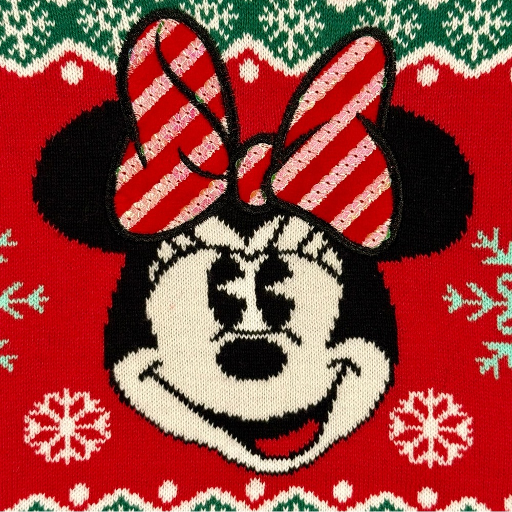 New Disney Store Christmas Sweater Girls 2T Minnie Mouse Fair Isle Sequins Red - Picture 2 of 6